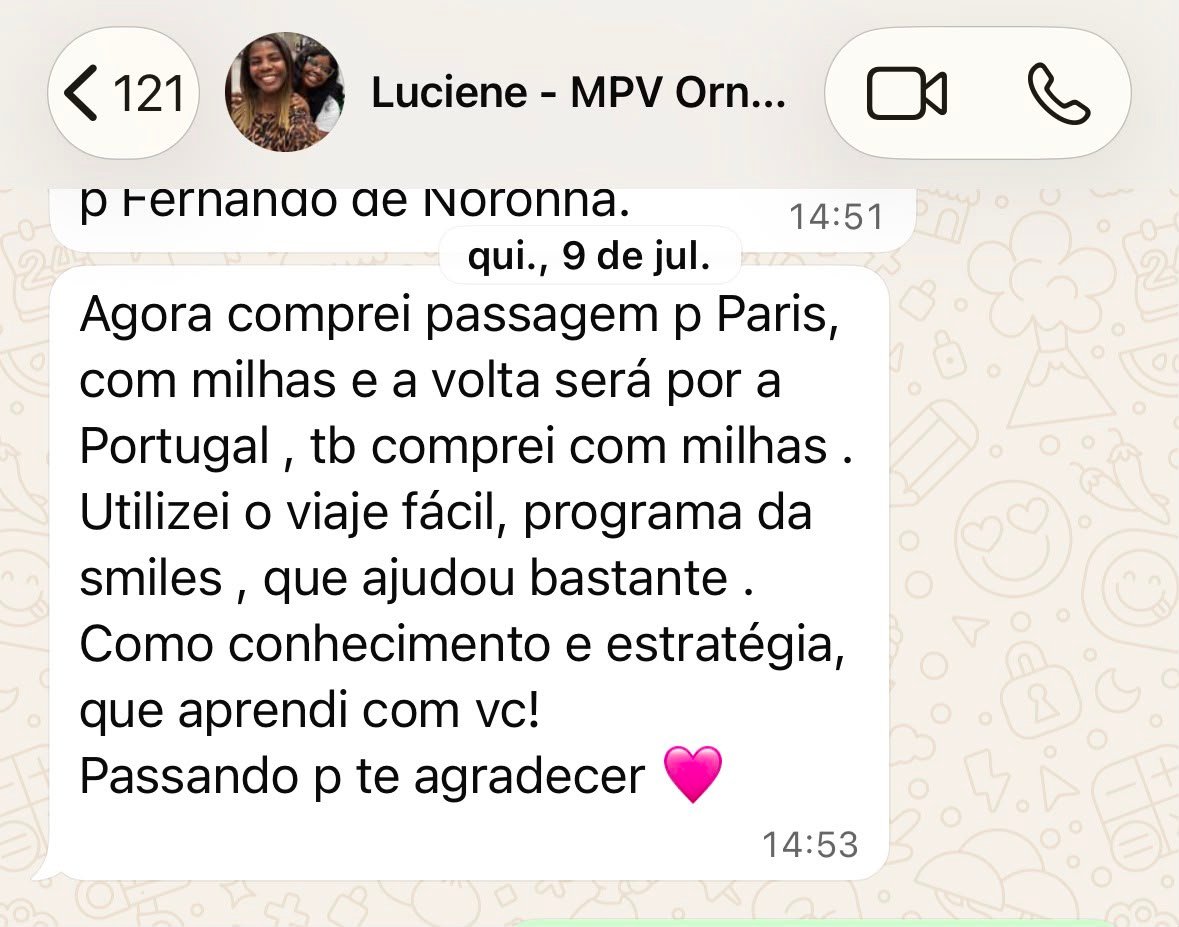 Mensagem de aluna que emitiu passagem para Paris com milhas e o retorno por Portugal