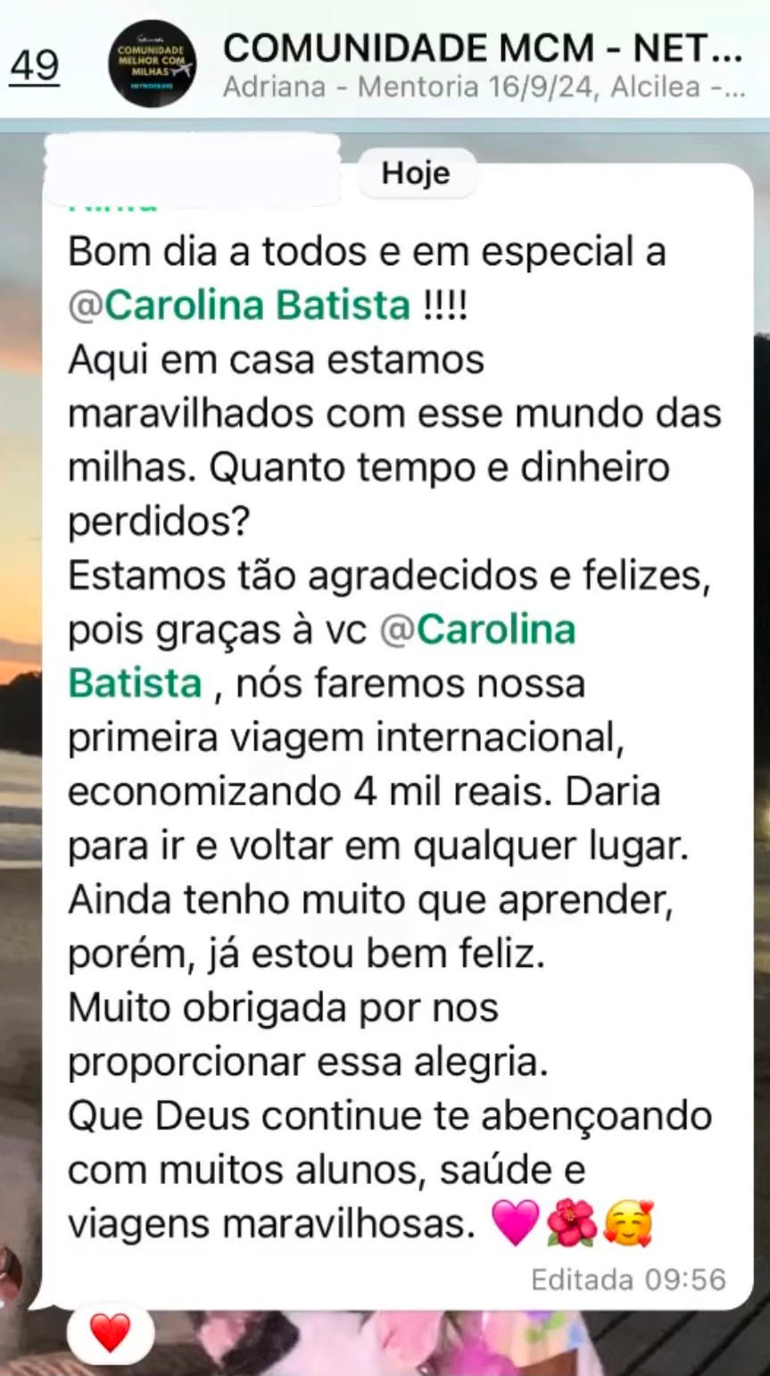 Mensagem de aluna agradecendo por conseguir a primeira viagem internacional economizando 4 mil reais