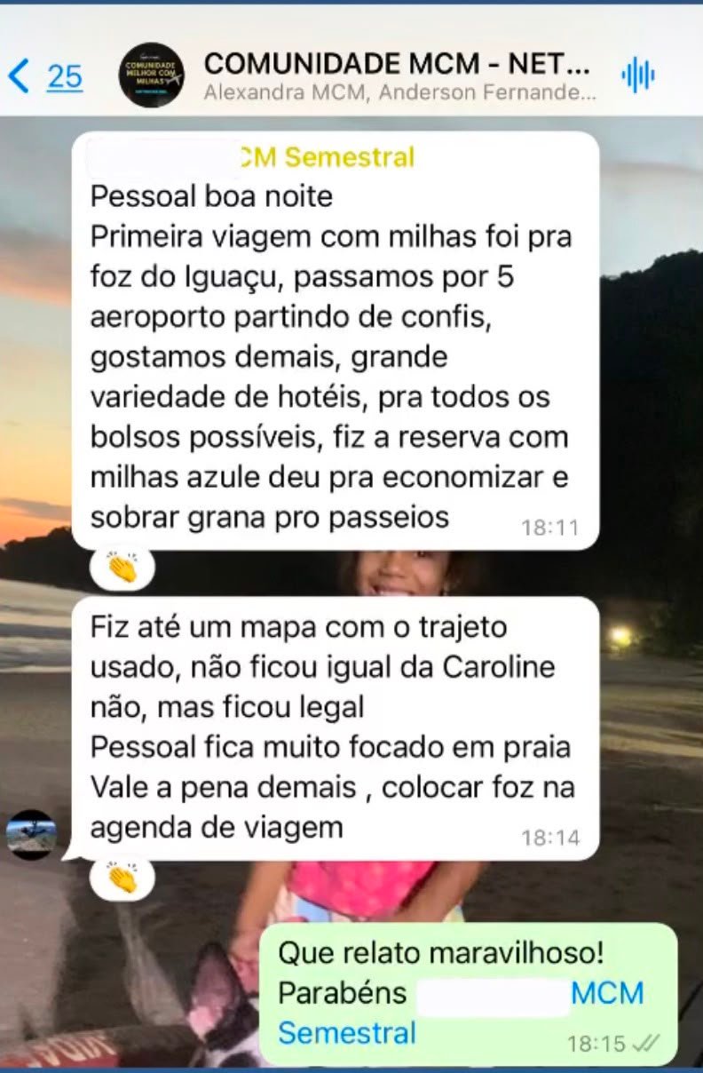 Mensagem de aluno contando a primeira viagem com milhas para Foz do Iguaçu e a reserva de hotel com milhas